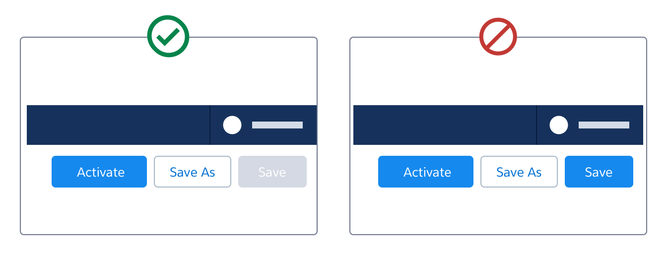 A wireframe showing the incorrect use of two brand buttons on the right side of the header.